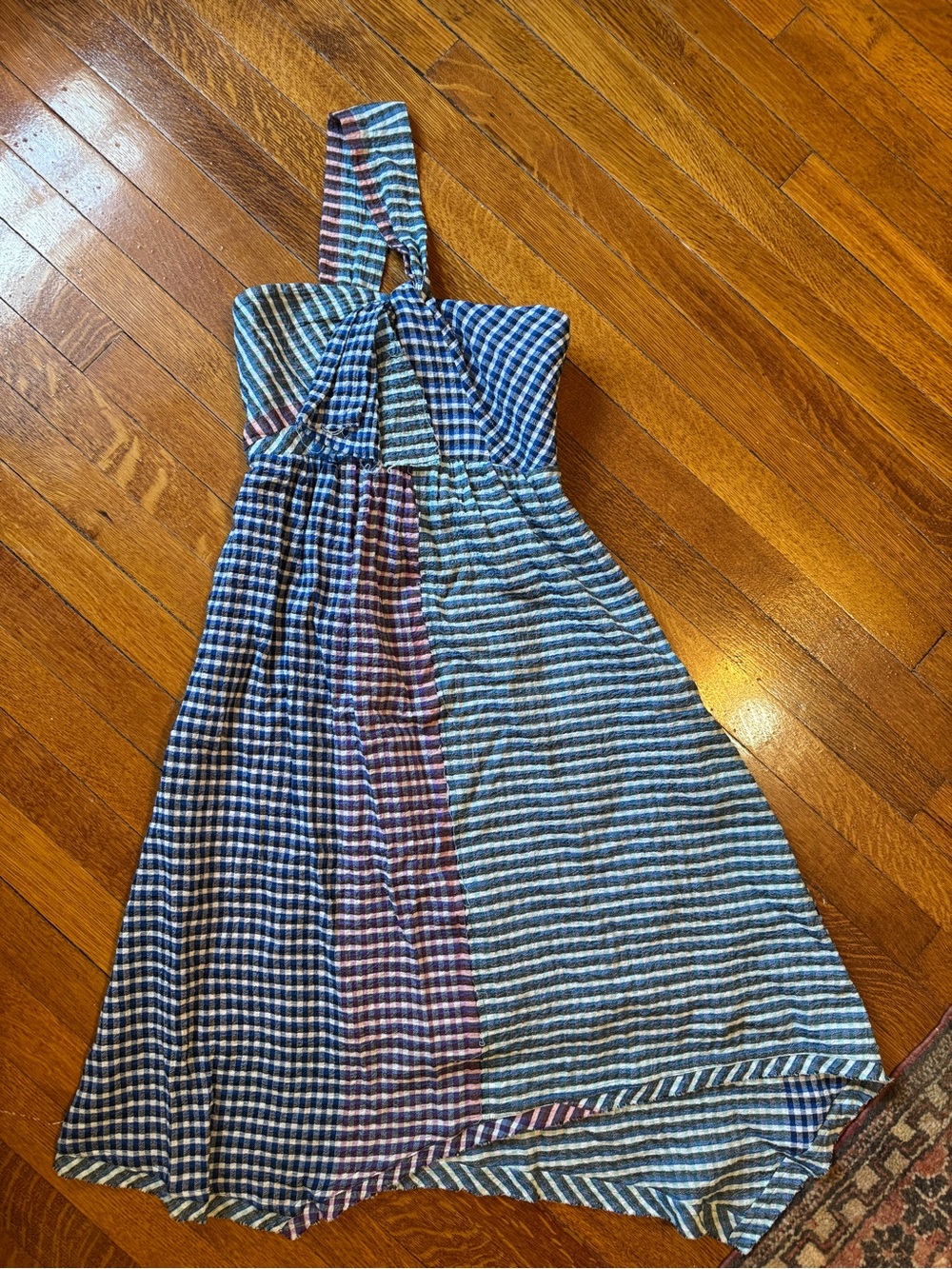 Anthropologie Maeve Blue and White Striped One-Shoulder Midi Dress